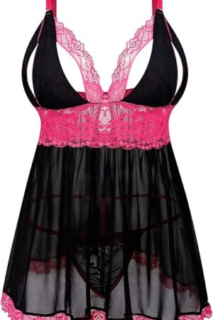 Women Plus Size Lingerie Set Sexy Lace Babydoll Lingerie Dress Chemise Sleepwear with Thong