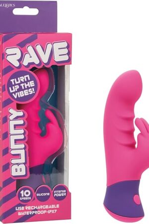 CalExotics Rave Bunny, Silicone Rechargeable 10-Speed Rabbit Vibrator with Rippled Shaft and Teasing Bunny Ears, Waterproof Adult Sex Toy Pink SE-0605-20-3