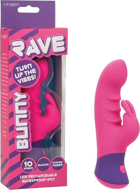 CalExotics Rave Bunny, Silicone Rechargeable 10-Speed Rabbit Vibrator with Rippled Shaft and Teasing Bunny Ears, Waterproof Adult Sex Toy Pink SE-0605-20-3
