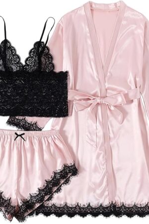 Women's 3 Pcs Satin Lace Lingerie Sleepwear Cami With Shorts Robe Pajamas set Light Pink Small