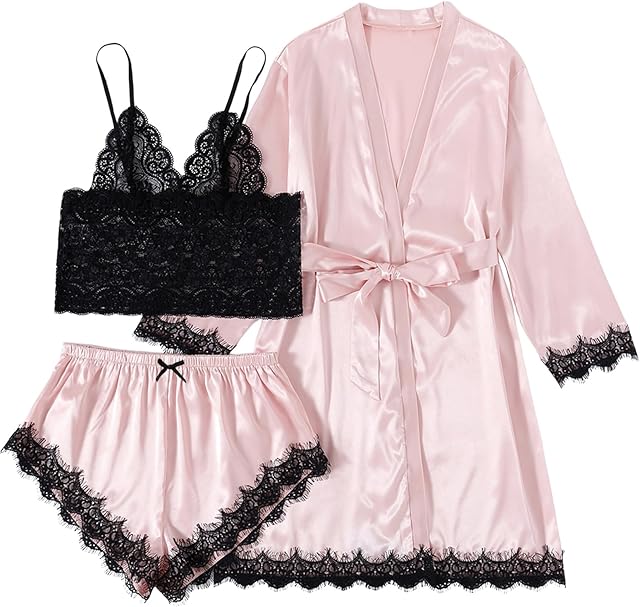 Women's 3 Pcs Satin Lace Lingerie Sleepwear Cami With Shorts Robe Pajamas set Light Pink Small