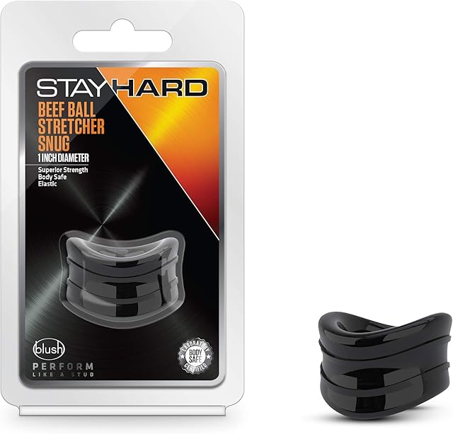 Blush Novelties Stay Hard Beef Ball Stretcher - Black, 1.5" Wide Soft & Stretchable Snug Fit Cock Ball Ring for Erection - Male Enhancement & Increased Sensation Testicle Stretcher Adult Toys for Men