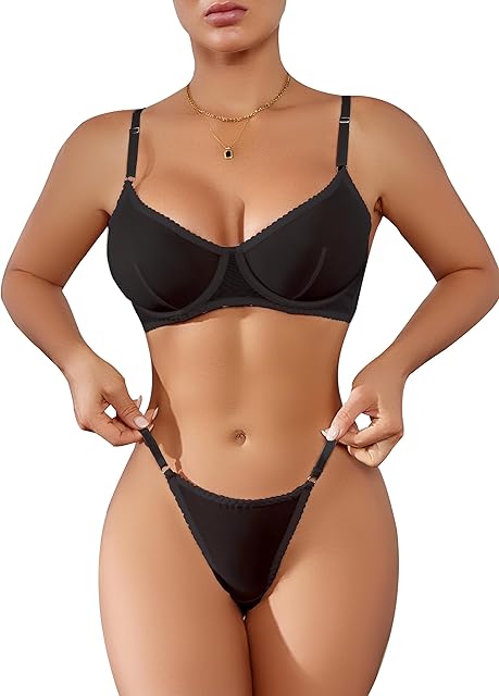 Honeymoon Lingerie Mesh Bra And Thong Set Push Up Lingerie Sexy Underwear For Women
