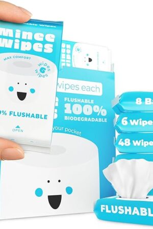 Impossibly Compact Travel Flushable Wipes with Natural Extracts - Skin-Friendly Wet Wipes, Hypoallergenic & Unscented Travel Size Butt Wipes for Adults, Kids & Baby Care - 8 Pack Total 48 Wipes