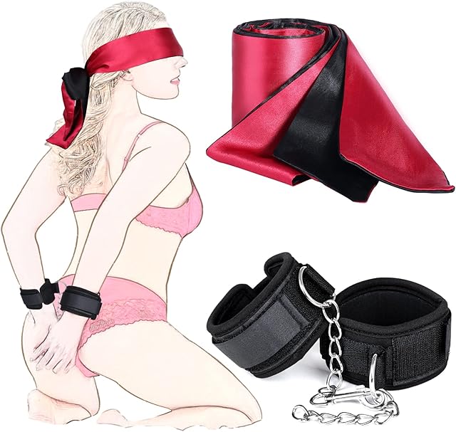Bondage Set Black BDSM Handcuffs Collar with Blindfold, Adult Detachable Restraints Sex Toys Hand Cuffs for Couples