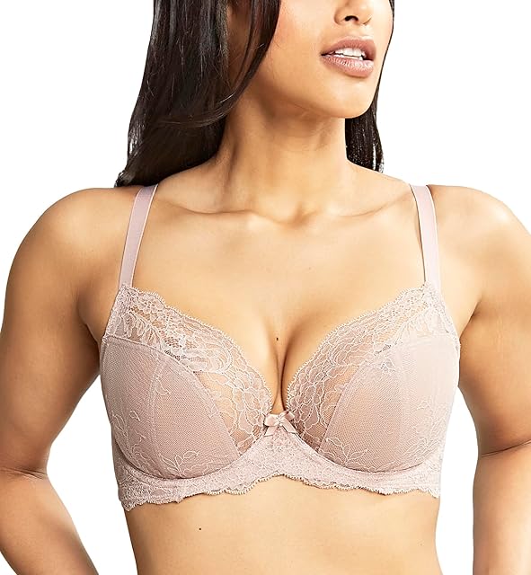 Women's Ana Underwire Stretch Lace Plunge Bra | Low-Cut, Side Sling Lift, Support for Fuller Busts