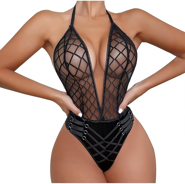 Women One Piece Lingerie Sexy Lace Bodysuit Deep V Teddy Babydoll Nightgown Sluttly Naughty Outfits