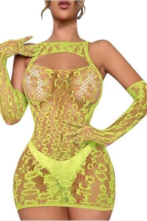 Women Sexy Lingerie Fishnet Mini Dress Mesh Cut Out Babydoll Fishnet Bodysuit See Through Chemise Nightdress with Gloves