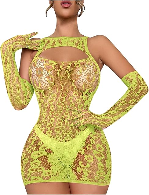 Women Sexy Lingerie Fishnet Mini Dress Mesh Cut Out Babydoll Fishnet Bodysuit See Through Chemise Nightdress with Gloves