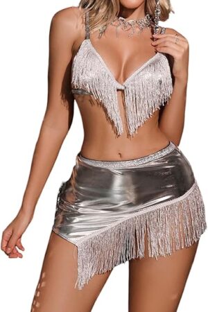 Women's 2 Piece Sexy Lingerie Sets Sparkly Tassel Fringe Bra and Metallic Mini Skirts Rave Nightwear