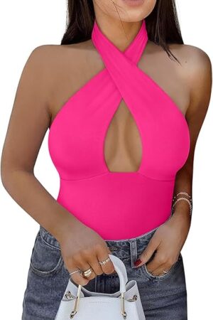 Butsmooth? Women's Trendy Sexy Criss Cross Halter Neck Sleeveless Thong Bodysuits Tops Clubwear