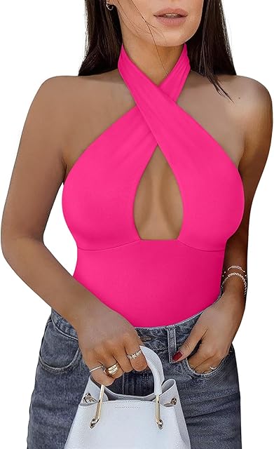 Butsmooth? Women's Trendy Sexy Criss Cross Halter Neck Sleeveless Thong Bodysuits Tops Clubwear