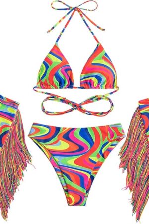Women Rave Outfit Vintage Bikini Set Rainbow Bra Top with Bottom Summer Beach Holiday Swimwear Bathing Suits