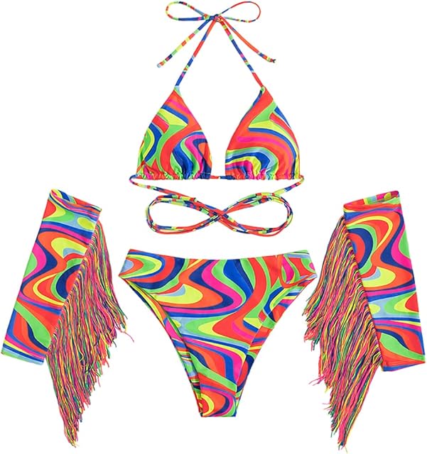 Women Rave Outfit Vintage Bikini Set Rainbow Bra Top with Bottom Summer Beach Holiday Swimwear Bathing Suits