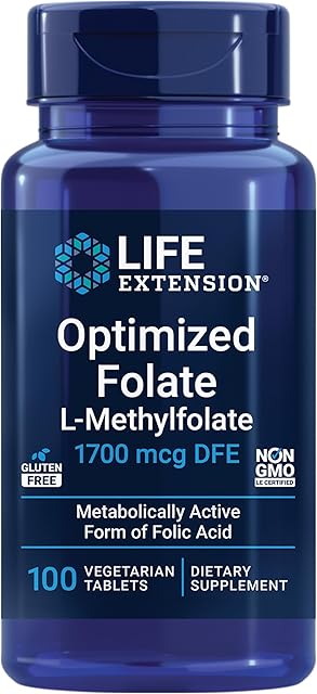 Life Extension Optimized Folate ? L-methylfolate ? Heart & Brain Support, Healthy Homocysteine Levels ? Non-GMO, Gluten-Free, Vegetarian ? 1700 mcg DFE, 100 Vegetarian Tablets