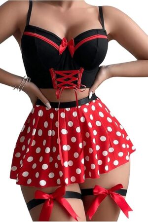 Women's 5 Piece Lingerie Set Bow Tie Camisole Polka Dots Pleated Skirt and Thong with Garter
