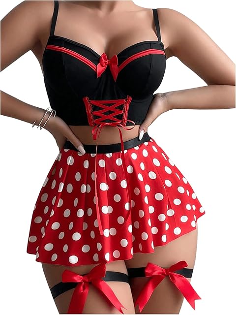 Women's 5 Piece Lingerie Set Bow Tie Camisole Polka Dots Pleated Skirt and Thong with Garter