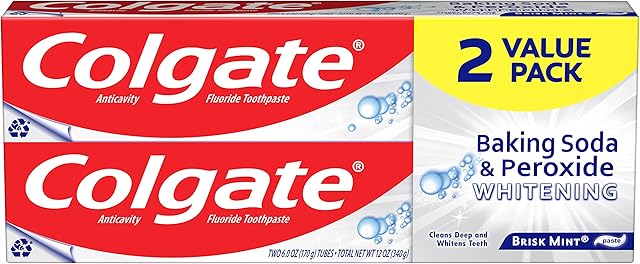 Colgate Baking Soda & Peroxide Toothpaste - Whitens Teeth, Fights Cavities & Removes Stains, Brisk Mint, 6 Ounce (Pack of 2)