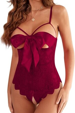 Women Sexy Bodysuit Self Knot Front Floral Lace Teddy One Piece Babydoll Naughty Lingerie