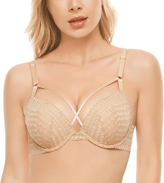 Women's Push Up Strappy Lace Underwire Padded Bra Add One Cup
