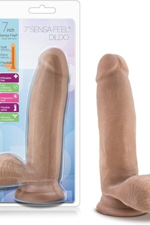 Blush Au Naturel 7" Realistic Latin Dildo w/Balls, 1.75" Girth - Dual Density Lifelike Cock - Suction Cup, Strap-On Compatible - Ultra Soft Anal Flexible Penis Toy for Women, Men & Couples - (Brown)