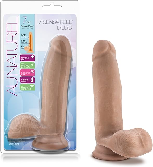 Blush Au Naturel 7" Realistic Latin Dildo w/Balls, 1.75" Girth - Dual Density Lifelike Cock - Suction Cup, Strap-On Compatible - Ultra Soft Anal Flexible Penis Toy for Women, Men & Couples - (Brown)