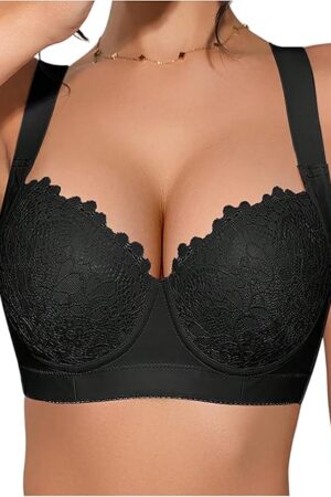 Women's Underwire Adjustable Push Up Sexy Elegant Lace Bra Soft with Wide Strap Shaping Support Lingerie Black 32A