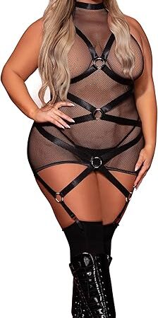 womens Open Back Fishnet Garter Slip Lingerie, Black, One Size US