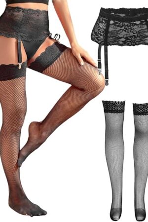 Women Black Garter Belts for Thigh Highs Plus Size Lace Suspender Belt with 4 Vintage Straps Clips for Stocking