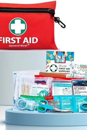 General Medi Mini First Aid Kit, 110 Piece Small First Aid Kit - Includes Emergency Foil Blanket, Scissors for Travel, Home, Office, Vehicle, Camping, Workplace & Outdoor (Red)