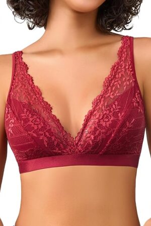 Lace Bralette for Women Sexy Deep V Neck Wireless Bralette Plunge Unpadded Bras Everyday Bra Dark Red