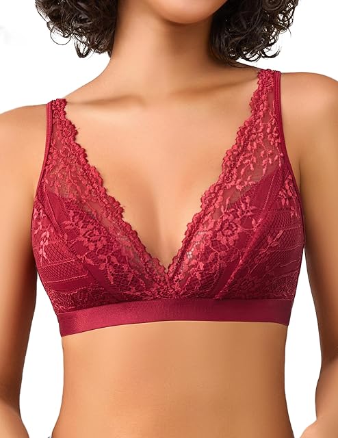 Lace Bralette for Women Sexy Deep V Neck Wireless Bralette Plunge Unpadded Bras Everyday Bra Dark Red