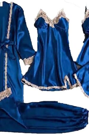 Women Satin Pajamas Set 5 Piece Sleepwear Comfy Spring Summer Pjs Outfits Casual Loungewear Nightgown