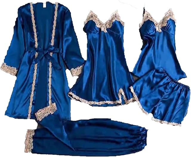 Women Satin Pajamas Set 5 Piece Sleepwear Comfy Spring Summer Pjs Outfits Casual Loungewear Nightgown