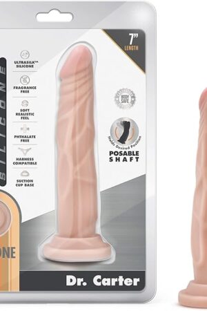 Blush Novelties Dr. Carter - 7 Inch Platinum Cured Purio Silicone Dildo - Soft Realistic 1.5"" Poseable Shaft - Ultrasilk Smooth - Strap On Compatible Suction Cup for Hands Free Play - Vanilla"