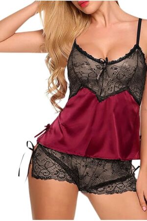 Women's Satin Lace Sexy Lingerie Sets Exotic Sheer Shorts Sleepwear Babydoll Chemise Nighty Boudoir Outfits