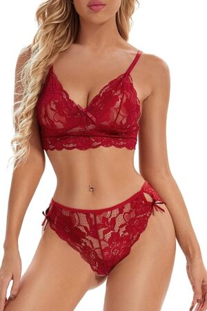 Women Sexy Lingerie Set Lace Bra and Panty Set Two Piece Ladies Lingerie Floral Strappy Underwear Wine Red,XX-Large