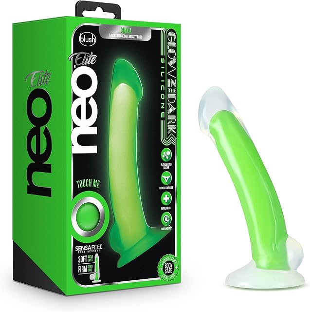 Blush Novelties Neo Elite Glow in The Dark Omnia 7 inch Silicone Dual Density Suction Cup Harness Compatible Dildo Sex Toy for Men Women Couples