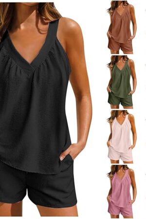 2 Piece Lounge Sets for Women Soft Comfy Pajama V Neck Cami Pj Shorts Set with Pocket Summer Camisole Cute Sleepwear