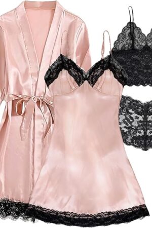 Women's Silk Pajama Set: 4-Piece Satin Robe Lingerie Sexy Sleepwear Lounge Set for Brida Wife Girlfriend