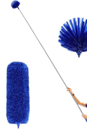 Cobweb Duster with Extension Pole, Washable Cleaning Duster Kit with 2 Duster Heads, Cobweb Duster, Corner Brush, 15-100 Inch Long Aluminum Telescoping Pole for Ceiling Fan (Blue)