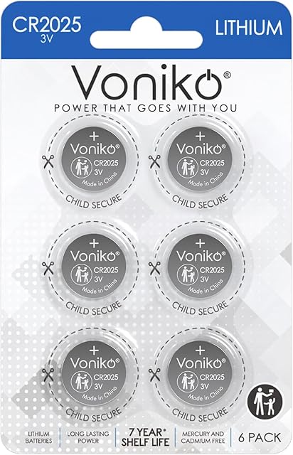 Voniko 3 Volt CR2025 Battery 6 Pack ? CR 2025 Button Cell Battery ? 2025 Lithium Coin Batteries, 7 Years Shelf Life