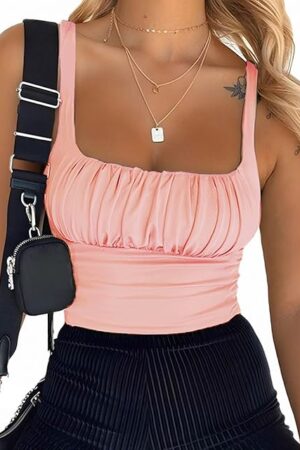 Women Crop Tank Top Sexy Square V Neck Double Lined Ruched Corset Cute Cropped Sleeveless Cami Summer Outfit Going Out Top