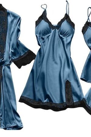 Women's Silk Satin Pajamas Set 4Pcs Lingerie Robe Babydoll Stain Sleepwear Lace Cami Top and Shorts Pajama Set