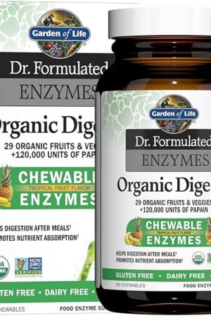 Garden of Life Dr Formulated Digestive Enzymes with Papain, Bromelain, Lipase for Digestion & Nutrient Absorption ? Organic Digest+ - Vegan, Gluten-Free, Non-GMO, Tropical Fruit Flavor, 90 Chewables