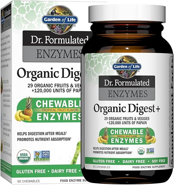Garden of Life Dr Formulated Digestive Enzymes with Papain, Bromelain, Lipase for Digestion & Nutrient Absorption ? Organic Digest+ - Vegan, Gluten-Free, Non-GMO, Tropical Fruit Flavor, 90 Chewables