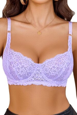 Women's Lace Underwire Bra Sexy Mesh Balconette Unlined Everyday Bra Lingerie Lilac