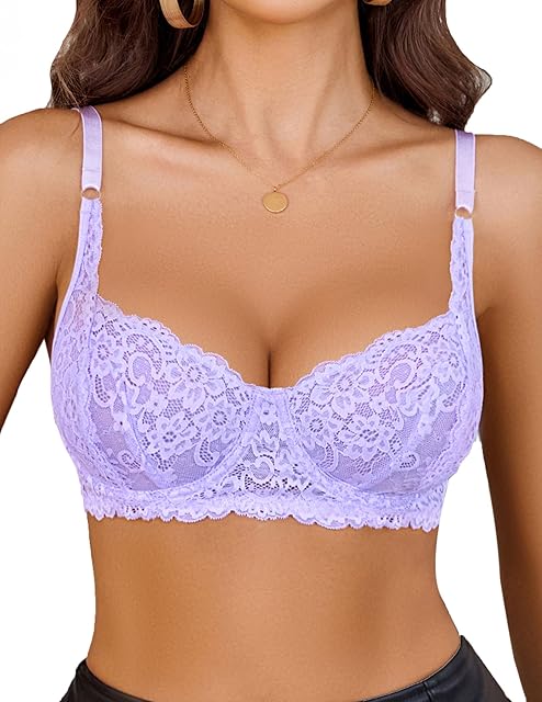 Women's Lace Underwire Bra Sexy Mesh Balconette Unlined Everyday Bra Lingerie Lilac