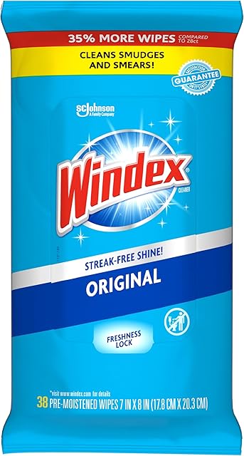 Windex Wipes Glass Cleaning Ammonia Free, Pre-Moistened Glass and Surface Wipes to Clean Home Surfaces, Crystal Rain Fresh Scent, 38 Count