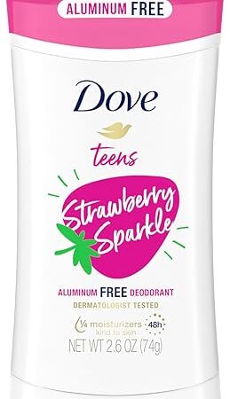 Dove Teens Deodorant Stick Strawberry Sparkle, for gentle underarm care, 48-hour odor protection and aluminum free deodorant, 2.6 oz